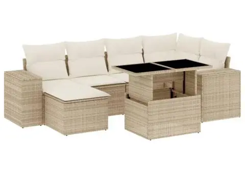 Set canapele de grădină, 7 piese, cu perne, bej, poliratan - 2/5