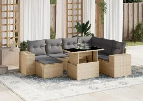 Set canapele de grădină, 8 piese, cu perne, bej, poliratan - 1/5