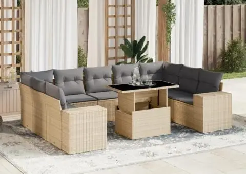 Set canapele de grădină cu perne, 10 piese, bej, poliratan - 1/5