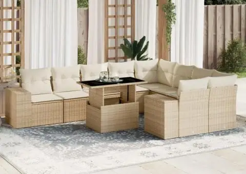 Set canapele de grădină cu perne, 10 piese, bej, poliratan - 1/5