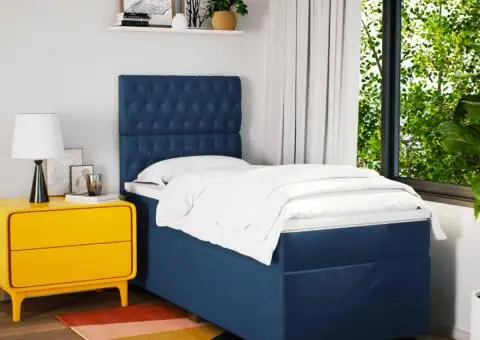 Pat box spring cu saltea, albastru, 90x200 cm, textil - 3/5