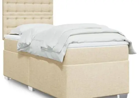 Pat box spring cu saltea, crem, 90x200 cm, textil - 1/5