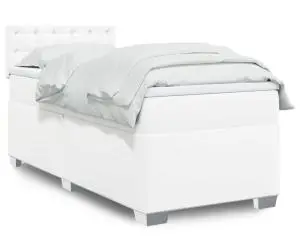 vidaXL Pat box spring cu saltea, alb, 90x200 cm, piele ecologică