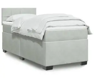 vidaXL Pat box spring cu saltea, gri deschis, 90x200 cm, catifea