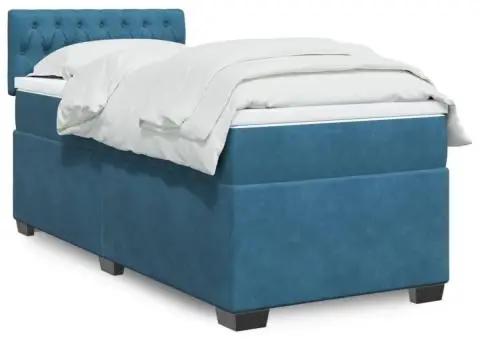 Pat box spring cu saltea, albastru închis, 90x200 cm, catifea - 1/5
