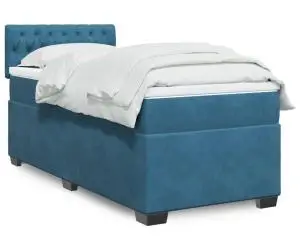 vidaXL Pat box spring cu saltea, albastru închis, 90x200 cm, catifea