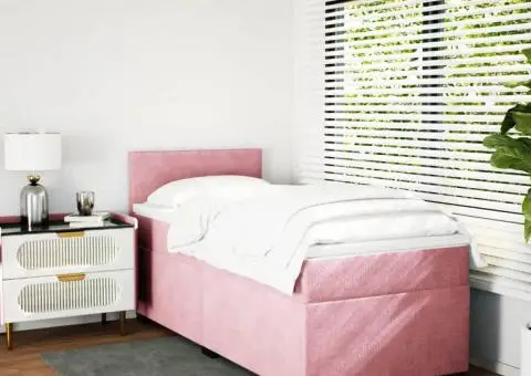 Pat box spring cu saltea, roz, 90x190 cm, catifea - 3/5