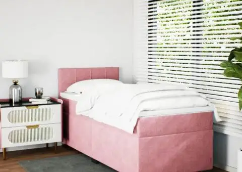 Pat box spring cu saltea, roz, 90x190 cm, catifea - 3/5