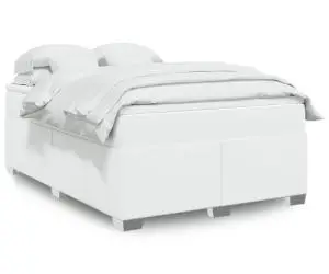 vidaXL Pat box spring cu saltea, alb, 140x200 cm, piele ecologică