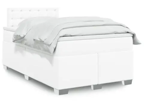 Pat box spring cu saltea, alb, 120x190 cm, piele ecologică - 1/5