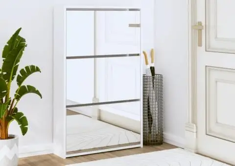 Pantofar cu oglindă, 3 niveluri, Alb extralucios, 63x17x102,5cm - 1/5