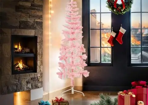 Jumătate brad de Crăciun subțire cu suport, roz, 180 cm - 2/5