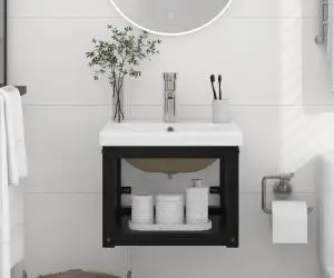 vidaXL Cadru lavoar baie cu chiuvetă încorporată, negru, fier