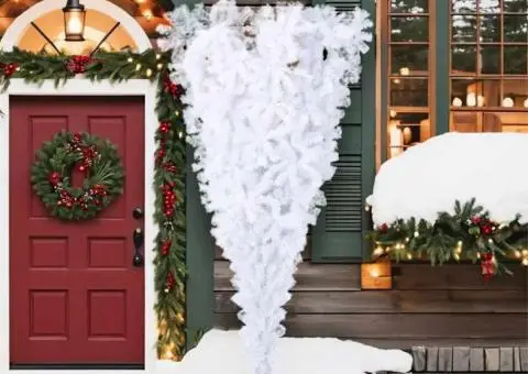 Brad de Crăciun artificial inversat, cu suport, alb, 210 cm - 2/5