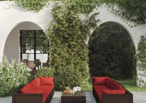 Set mobilier de grădină cu perne, 9 piese, maro, poliratan - 1/5