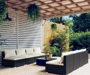 vidaXL Set mobilier de grădină cu perne, 9 piese, negru, poliratan