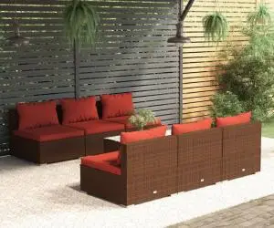 vidaXL Set mobilier de grădină cu perne, 7 piese, maro, poliratan