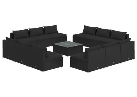 Set mobilier de grădină cu perne, 13 piese, negru, poliratan - 2/5