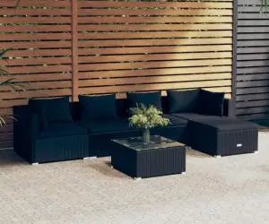 vidaXL Set mobilier de grădină cu perne, 6 piese, negru, poliratan