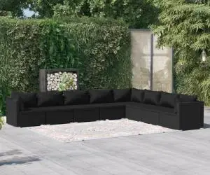 vidaXL Set mobilier de grădină cu perne, 8 piese, negru, poliratan