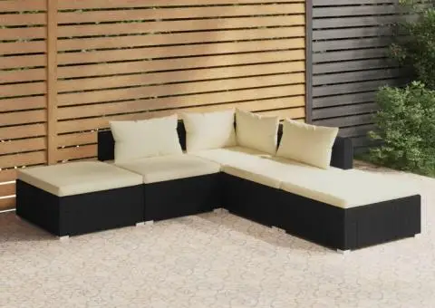 Set mobilier de grădină cu perne, 5 piese, negru, poliratan - 1/5