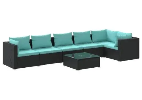 Set mobilier de grădină cu perne, 7 piese, negru, poliratan - 2/5