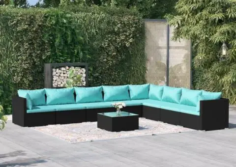 Set mobilier de grădină cu perne, 9 piese, negru, poliratan - 1/5