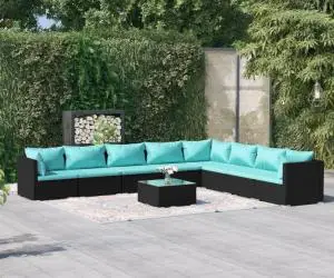 vidaXL Set mobilier de grădină cu perne, 9 piese, negru, poliratan