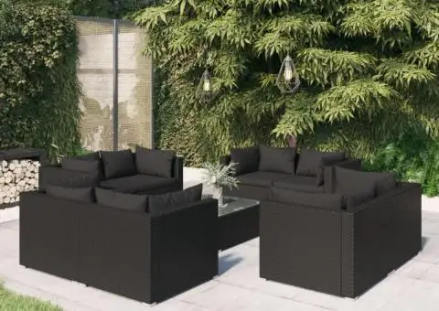 Set mobilier de grădină cu perne, 9 piese, negru, poliratan - 1/5
