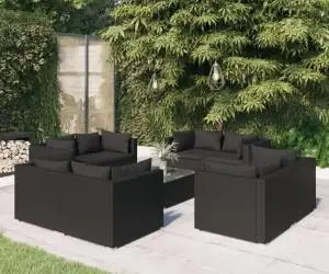 vidaXL Set mobilier de grădină cu perne, 9 piese, negru, poliratan