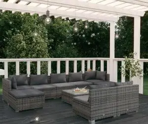 vidaXL Set mobilier de grădină cu perne, 10 piese, gri, poliratan