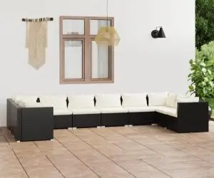 vidaXL Set mobilier de grădină cu perne, 10 piese, negru, poliratan