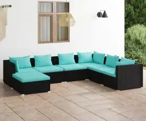 vidaXL Set mobilier de grădină cu perne, 7 piese, negru, poliratan
