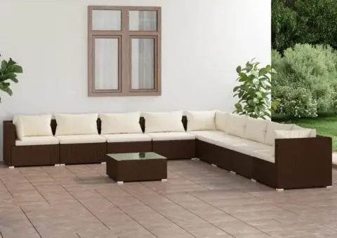Set mobilier de grădină cu perne, 10 piese, maro, poliratan - 1/5