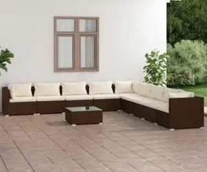 vidaXL Set mobilier de grădină cu perne, 10 piese, maro, poliratan