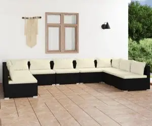 vidaXL Set mobilier de grădină cu perne, 9 piese, negru, poliratan