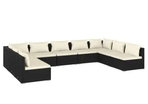 Set mobilier de grădină cu perne, 9 piese, negru, poliratan - 2/5