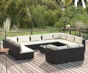 vidaXL Set mobilier de grădină cu perne, 12 piese, negru, poliratan