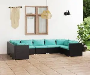 vidaXL Set mobilier de grădină cu perne, 9 piese, negru, poliratan