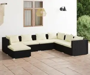 vidaXL Set mobilier de grădină cu perne, 7 piese, negru, poliratan