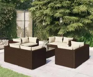 vidaXL Set mobilier de grădină cu perne, 9 piese, maro, poliratan