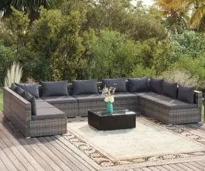 vidaXL Set mobilier de grădină cu perne, 10 piese, gri, poliratan