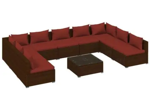 Set mobilier de grădină cu perne, 10 piese, maro, poliratan - 2/5