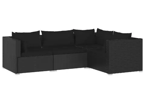 Set mobilier de grădină cu perne, 4 piese, negru, poliratan - 2/5