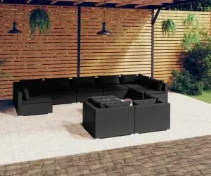 vidaXL Set mobilier de grădină cu perne, 10 piese, negru, poliratan