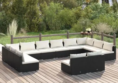 Set mobilier de grădină cu perne, 12 piese, negru, poliratan - 1/5