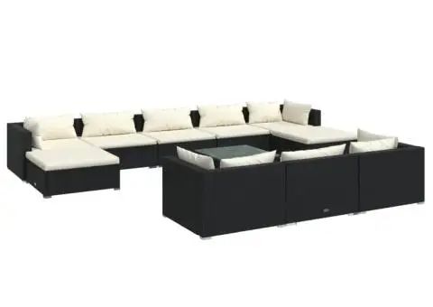 Set mobilier de grădină cu perne, 11 piese, negru, poliratan - 2/5