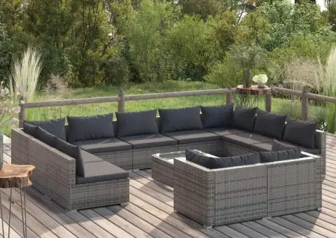 Set mobilier de grădină cu perne, 12 piese,gri, poliratan - 1/5