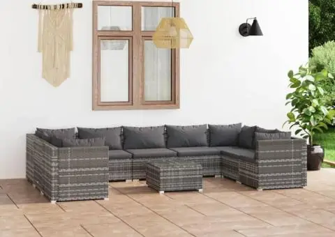 Set mobilier de grădină cu perne, 10 piese, gri, poliratan - 1/5