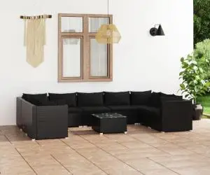 vidaXL Set mobilier de grădină cu perne, 10 piese, negru, poliratan